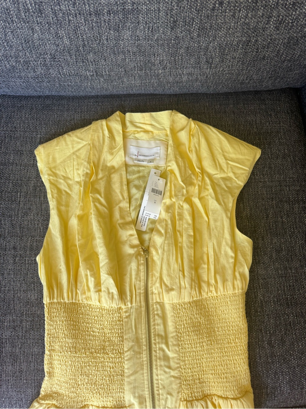 Anthropologie Tommie Cap Sleeve Smocked Front Zip Yellow Zip Midi Dress - Picture 6 of 12